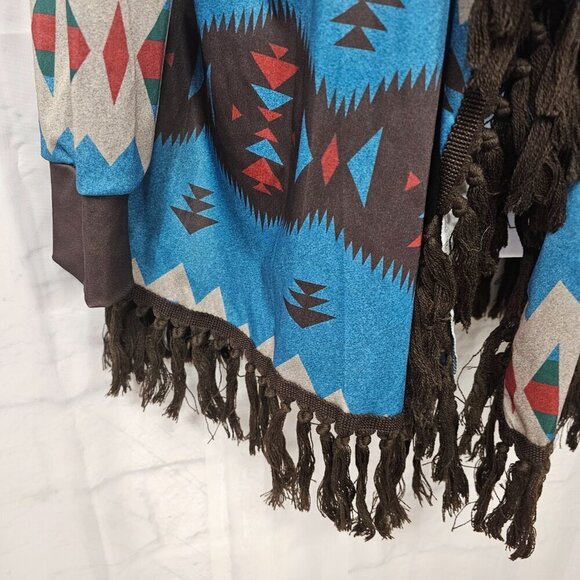 Blue Brown Aztec Kimono Fringed Southwestern Bohemian Cardigan XL - Picture 5 of 12